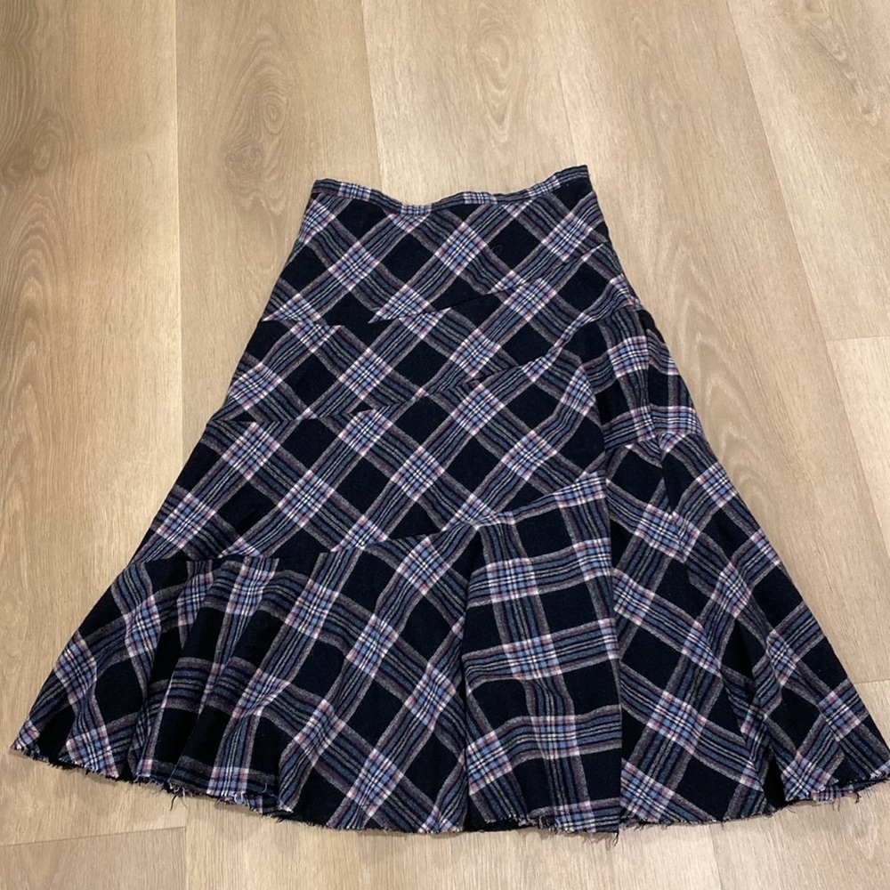 Gadzooks 90s Vintage Black and Pink Wool Tiered A-Line Midi Skirt Raw Hem